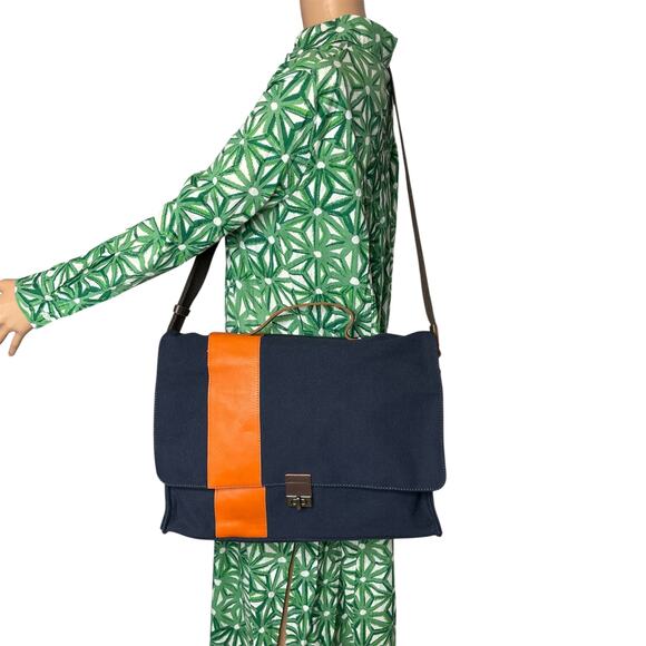 Pottery Barn Bradley Leather Canvas Messenger Laptop Bag Navy Orange - Picture 3 of 16